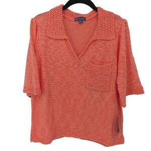Democracy Knit Top Woemn XL Coral Orange Crochet Collar Pocket Boho Casual Shirt